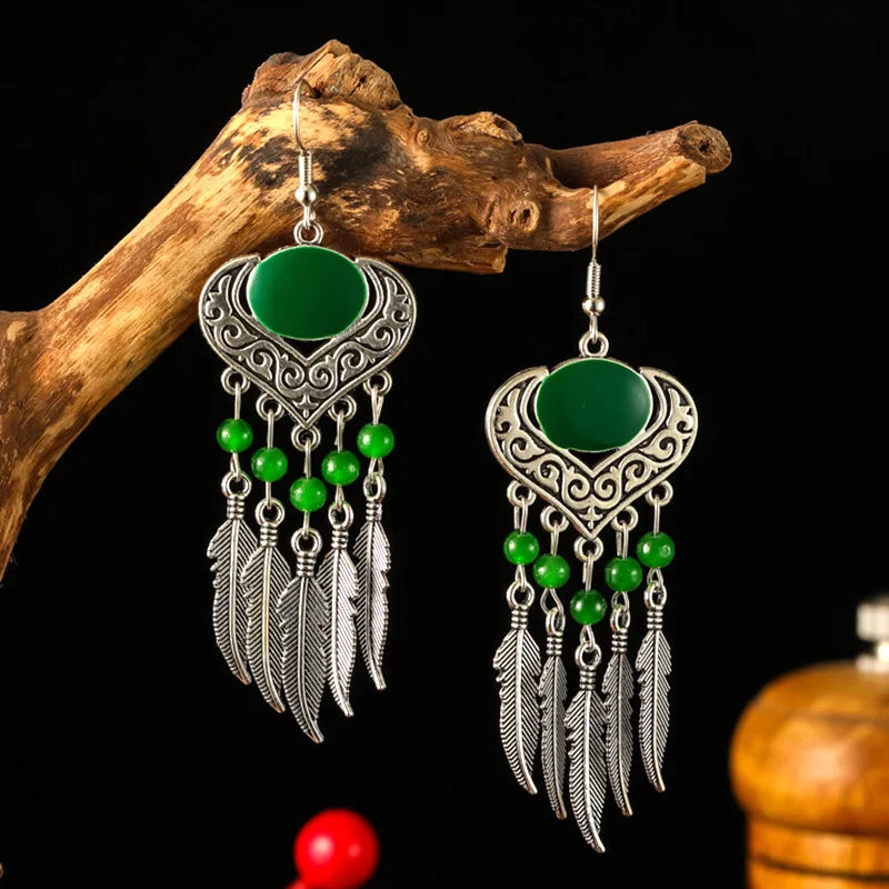Aretes Colgantes Étnicos con Borla — Plata Vintage, Corazón y Hoja con Cristal | Estilo Bohemio para Fiestas y Bodas
