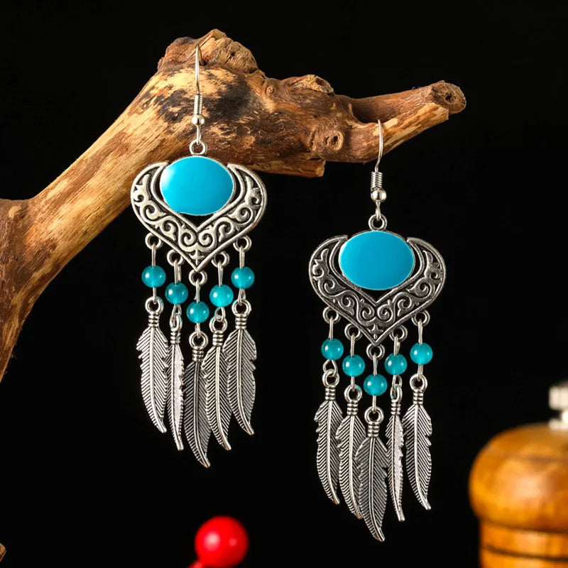 Aretes Colgantes Étnicos con Borla — Plata Vintage, Corazón y Hoja con Cristal | Estilo Bohemio para Fiestas y Bodas