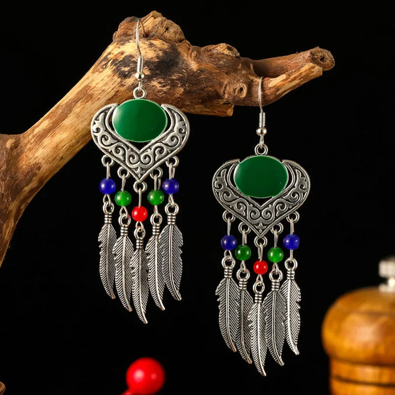 Aretes Colgantes Étnicos con Borla — Plata Vintage, Corazón y Hoja con Cristal | Estilo Bohemio para Fiestas y Bodas