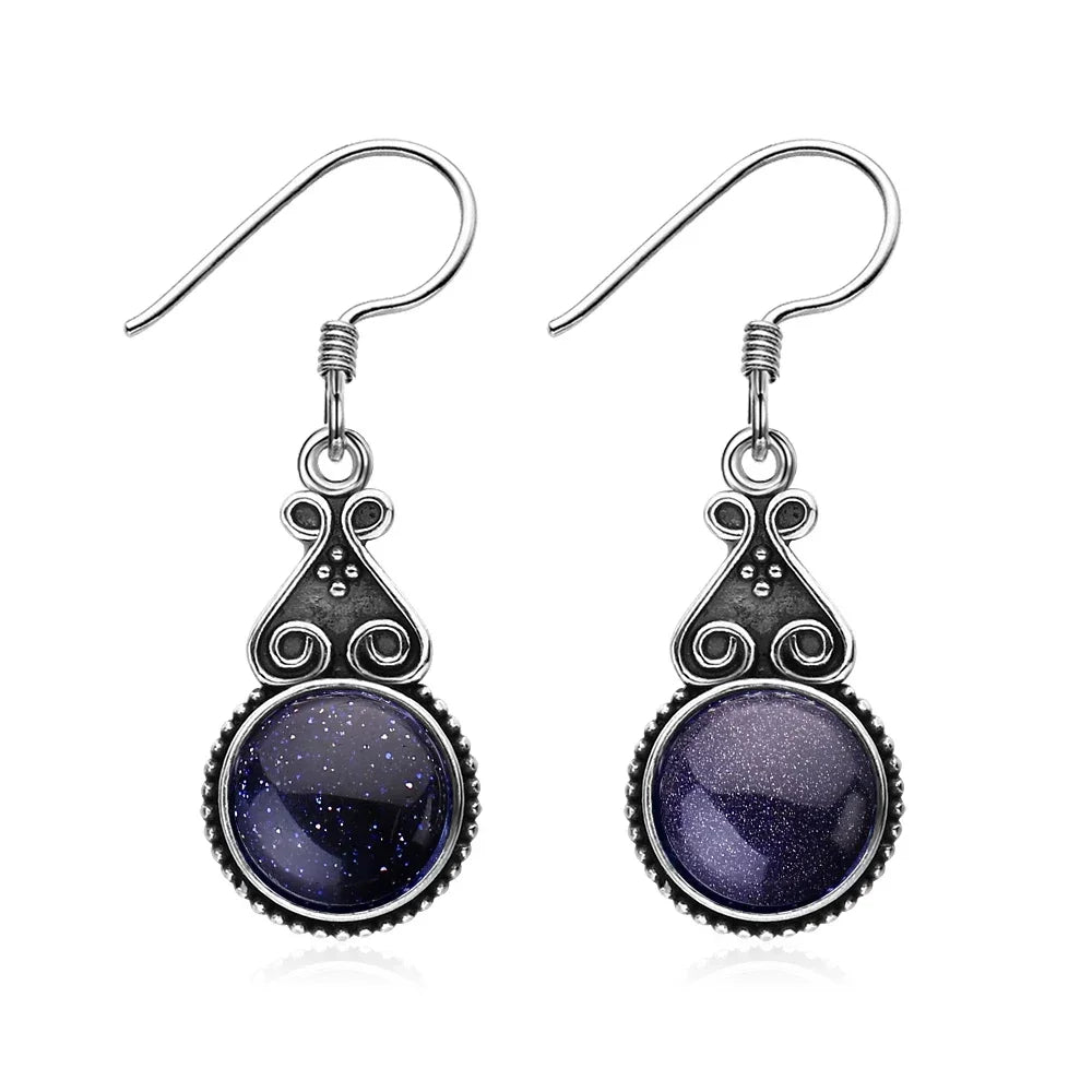 Aretes Colgantes Vintage — Plata de Ley 925 con Arenisca Azul | Estilo Fino para Boda y Ocasiones Especiales