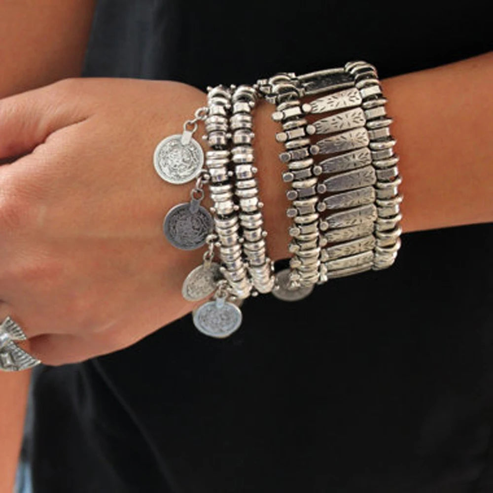 Pulsera vintage de monedas plateadas y doradas para mujeres y hombres, estilo boho hippie, ideal para fiestas en la playa, estilo afgano, turco y de Marsella. Joyería étnica.